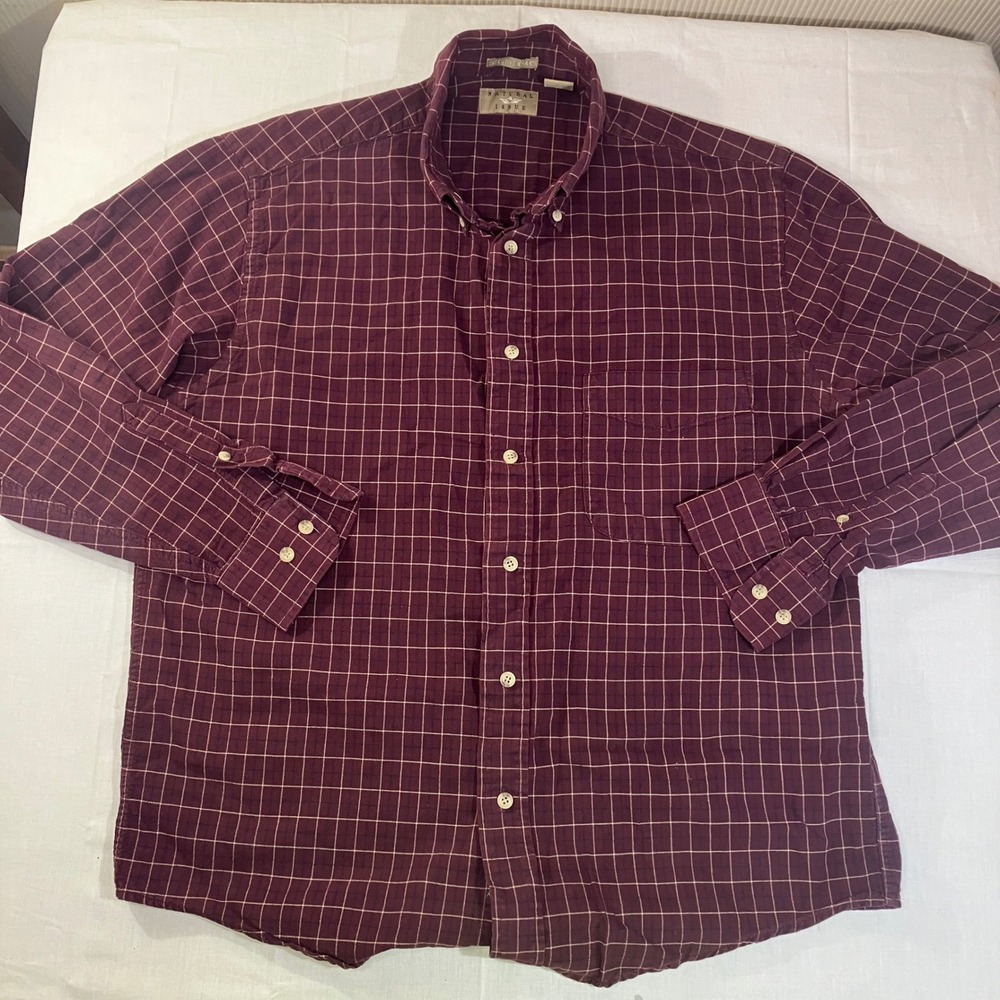 Natural Issue Mens Medium Burgundy Windowpane Check Cotton Button Down Shirt M